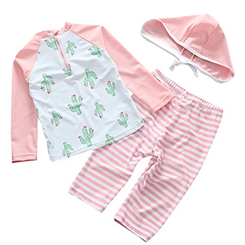 UV Sun Protective Baby Girls Swimsuit Long Sleeve Kids 3pcs Cactus Bathing Suit Rash Guards UPF 50+ Pink 3-4T