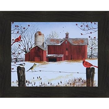 Home Cabin Décor Winter Friends by Billy Jacobs 16x20 Red Barn Cardinals Birds Snow Seasons Fencepost Framed Folk Art Print (2