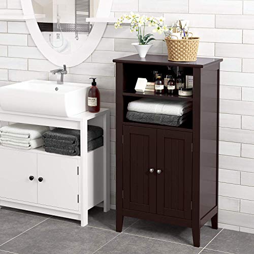 Homfa Bathroom Floor Wooden Storage Organizer with Double Doors