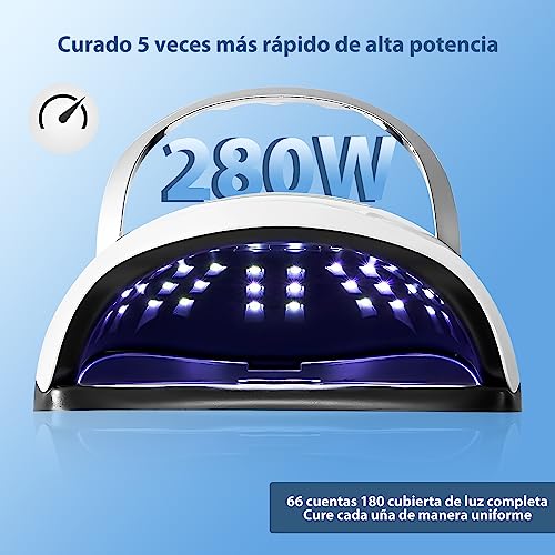 Lámpara de Uñas, UV/LED Secador de Uñas de 280W, 66 luces Fototerapia de Uñas Máquina con 4 Ajustes de Temporizador y Pantalla LCD, con Sensor Automático, lámpara de gel de curado portátil más rápido