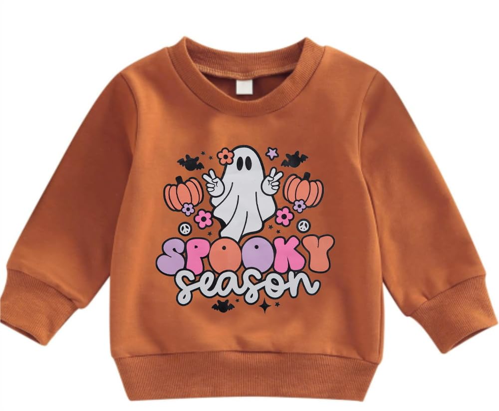 View 1 of ***grey*** DUTUT Toddler Baby Halloween Sweatshirts Spooky Season Sweatshirt Ghost Face Crewneck Long Sleeve Shirt Cute Pullover Top Brown