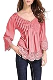 OMZIN Women's Flare Sleeve Lace Splice Loose Trim Casual Blouse T-Shirt Tops