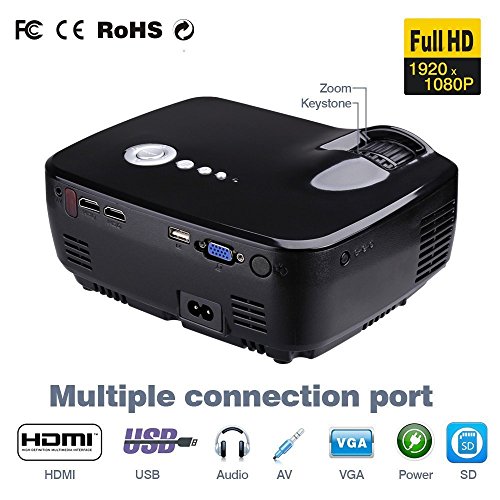 Projector, Hausbell Mini Projector Portable Video LED Projector HD for Outdoor Indoor Movie/Home Cinema Theater/Game (Black)