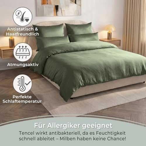 LAYNENBURG Premium Lyocell Bettwäsche in 135x200 + Kissenbezug 80x80 cm - 100% Lyocell Tencel aus u.a Eukalyptus – Oeko-TEX 100 - kühlende Sommer-Bettwäsche mit Reißverschluss (dunkelgrün)