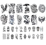 32 Sheets Temporary Tattoos Stickers, 12 Sheets Fake Body Arm Chest Shoulder Tattoos for Men with 20 Sheets Tiny Black Temporary Tattoos