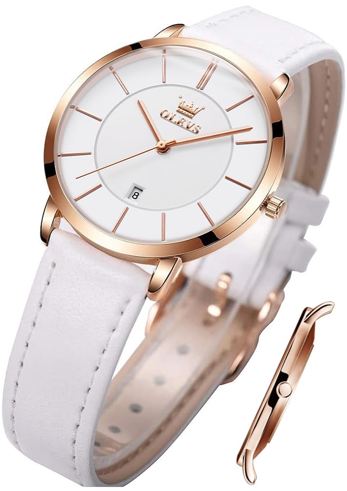 OLEVS Ladies Quartz Watch Minimalist Casual Ultra-Thin Design & Leather Strap & Waterproof & Date Elegant Watch