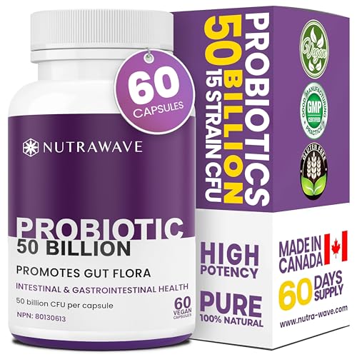 Nutrawave 50 BILLION Probiotics Women & Men, 15 Strains Active Culture. Relieves Bloating and Constipation, Improved Digestion and Gut Health Supplement, Non-GMO, Vegan, Gluten Free. 60 Vegan Capsules/ 60 Day Supply