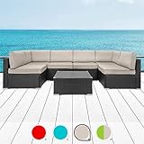 Walsunny 7pcs Patio Outdoor Furniture Sets,Low Back All-Weather Rattan Sectional Sofa with Tea Table&Washable Couch Cushions (Black Rattan (Blue) (Khaki)
