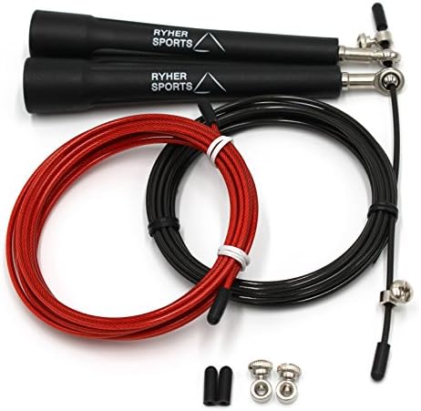 Skipping Rope - Speed Rope - Easily adjustable 3-meter cable – Rapid steel ball bearings - Comes with carrying bag + extra replacement 3-meter cable + spare screw kit and rubber caps, and exercise PDF