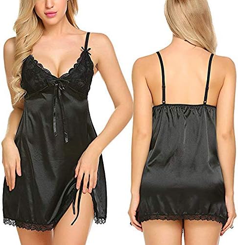 Sexy Lace Satin Chemise Nightwear Full Slip Silk Sleepwear Dress Silky Nightie Nightdress for Women Spandex