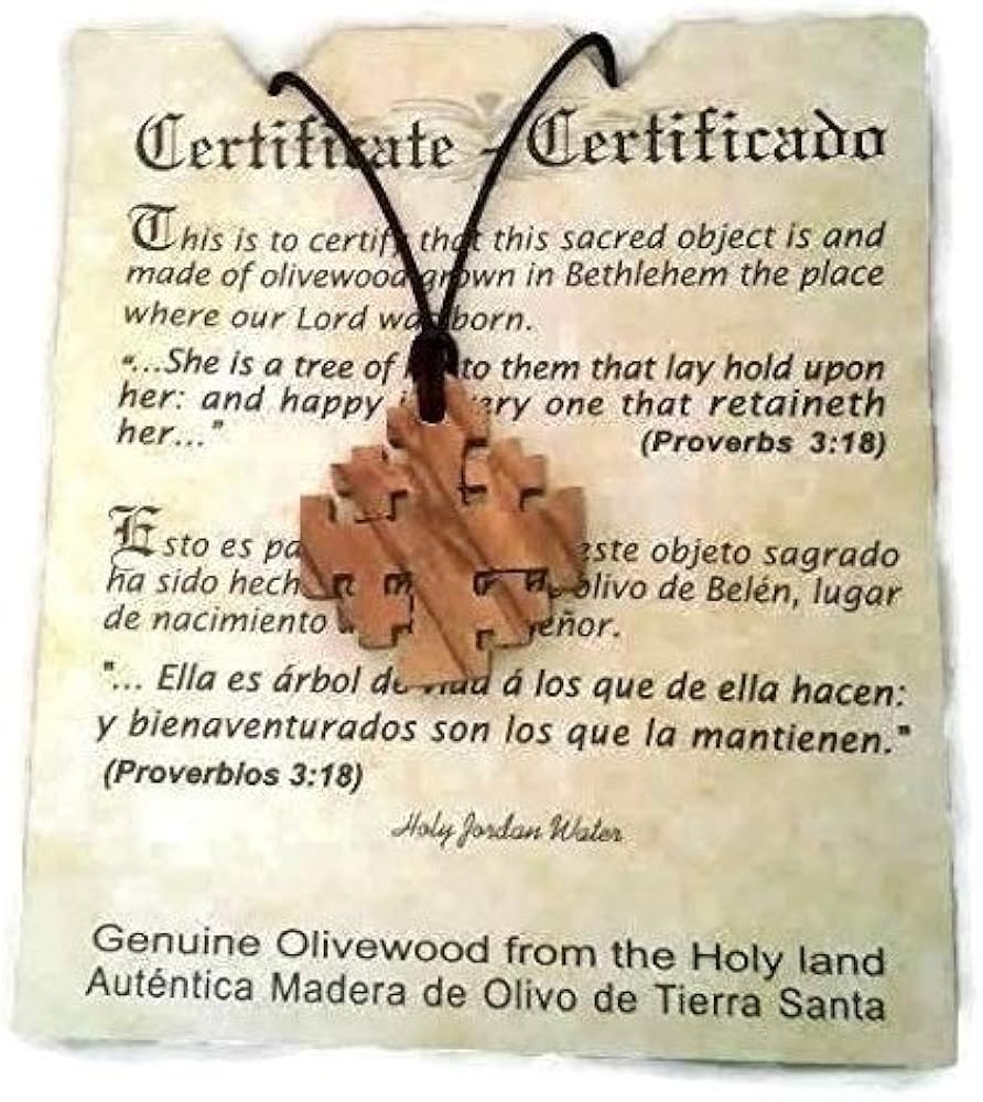 HJW Jerusalem Cross Crusaders Olivewood Pendant Necklace Certificate of Origin