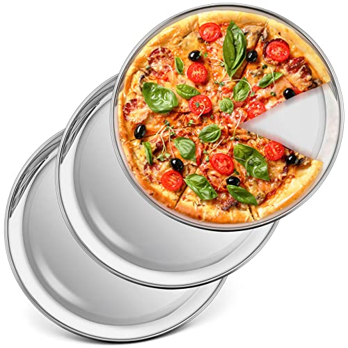 P&P CHEF 10 Inch Pizza Pan, Stainless Steel Round Pizza Tray Baking Pans, Pizzas Plate Serving Tray for Cookie Meat, Oven & Dishwasher Safe & Easy Cleaning, (Mirror Finish) - 3 Pieces
