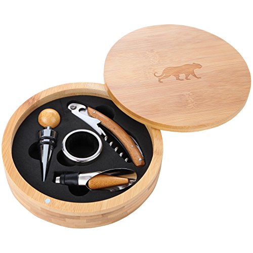 Jaguar Wooden Accessories Company Wine Tool Set - Portable Wine Accessory Kit With Laser Engraved Design - Bamboo Wine Gift Set For Men And Women
