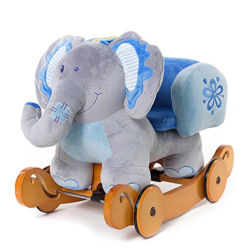 Labebe Modern Plush Rocking Horse for Little Toddlers Kids Baby Boys & Girls (6-36 Months), Indoor Rocking Animal/Ride-On Toys/Rockers with Wheels and Sound Paper - Cute Stuffed Blue Elephant