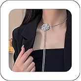 Erimberate Bohemian Rose Y Drop Necklace Silver Rose Tassel Pendant Necklace Long Rose Flower Pull Chain Necklace Adjustable Flower Y Chain Necklace Jewelry for Women Gifts