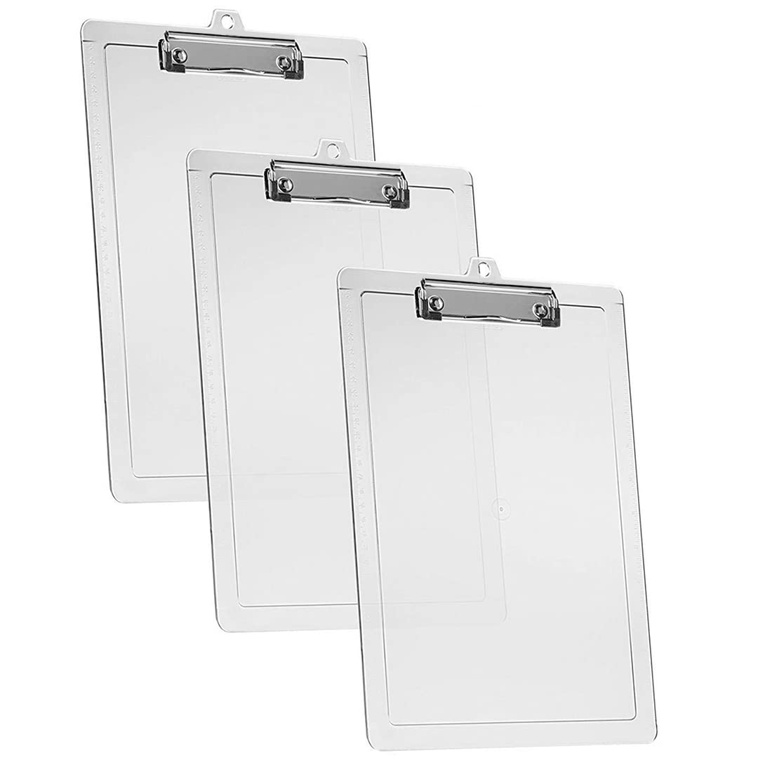 Acrimet 3 Pack Clipboard Letter Size A4 (34 cm x 24 cm) Low Profile Clip & Side Rulers, Durable Plastic for Office, School, Home Use - Clear Crystal Color
