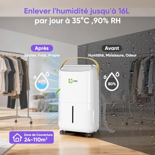 16L/Day Air Dehumidifier, Electric Dehumidifier, 24H Timer, Child Lock, Anti-Overflow Protection, 110m³ (45 m²), for Home, Apartment, Bathroom, Cellar