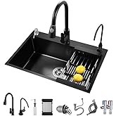 ARTLINE Black Kitchen Sink, Stainless Steel Single Bowl Sink, Drop In/Topmount Workstation Sink with Sliding Accessories, Far