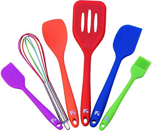 Red Hot Stop: Silicone Cooking Utensil Set 6 Piece │ Set Includes: Small Spatula, Large Spatula, Large Turner, Spoonula, Multi-Color Whisk, Brush