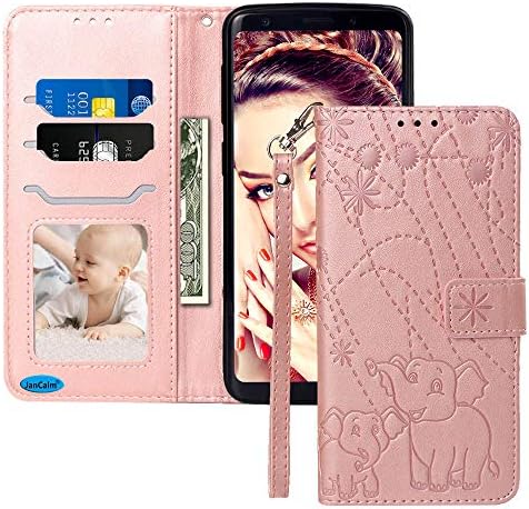 S8 Plus Case,JanCalm for Galaxy S8 Plus Wallet Case Elephant/Flower Pattern PU Leather Protection[Card Holder/Cash Slots][Wrist Strap] Stand Flip Magnetic Cover for Samsung Galaxy S8 Plus (Rose Gold)