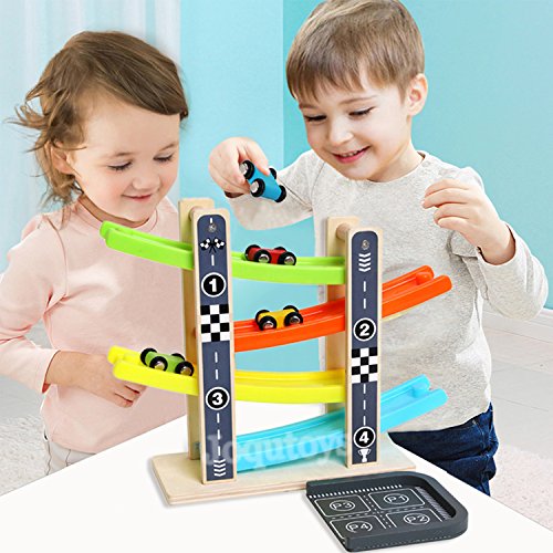Joqutoys Wooden Ramp Race Car Track Parking Garage Set Kids Game Racing Kit Toys for Toddler with 4 Mini Racers