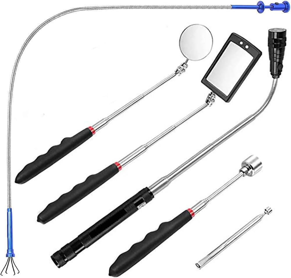 DUOJIN 6 Pieces Magnetic Telescoping Pickup Grabber Tool Extendable Tool Kit Including Pick-up Rod LED Lights, Inspection Mirror and Flashlight, Telescopic Handle 360 Rotatable for Extra Observation