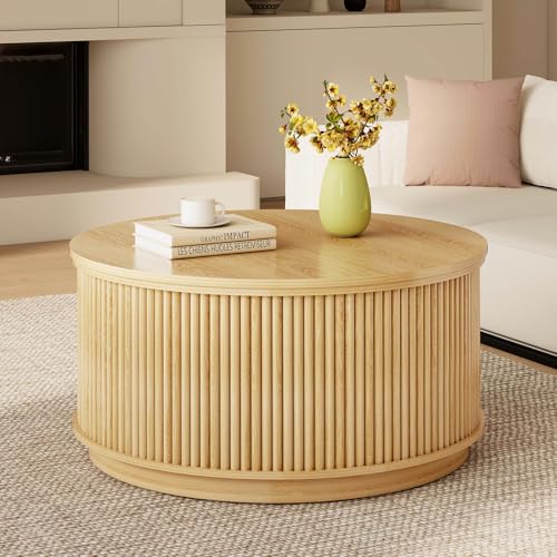 LYNCOHOME Round Coffee Table, Round Wooden Coffee Table with Storage, Fluted Modern Coffee Tables for Living Room Home Office, Natural