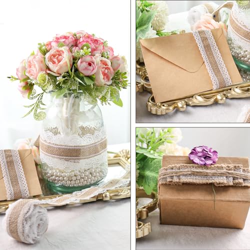 VGOODALL 4 Rollen Juteband Mit Spitze, Juteband Vintage Spitzenband Natürliche Sackleinen Hessische Juteband für Tischdeko Basteln Geschenkband DIY Handwerk