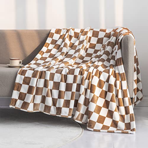 LOMAO Throw Blankets Flannel Blanket with Checkerboard Grid Pattern Soft Throw Blanket for Couch, Bed, Sofa Luxurious Warm and Cozy for All Seasons (Camel, 50"x60")