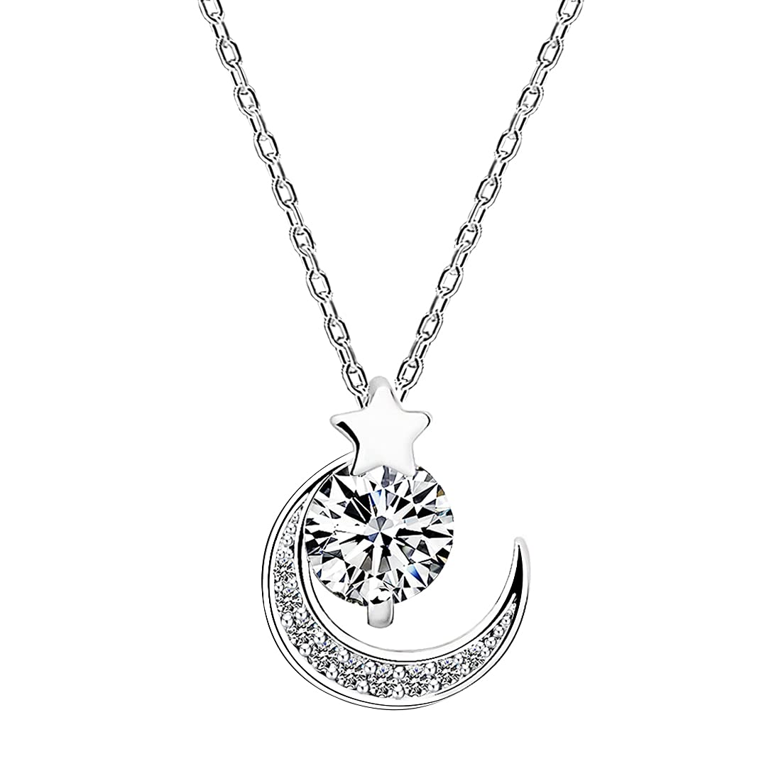 Yaneno Women Necklace 925 Sterling Silver Choker Cross Necklace Crystal Zirconia Pendant Moon Stars (White)