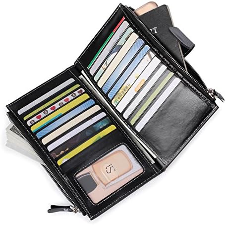 RFID Blocking Wallet Wax Real Leather Zip Clutch Large Travel Purse Credit Card Organizer (Black)