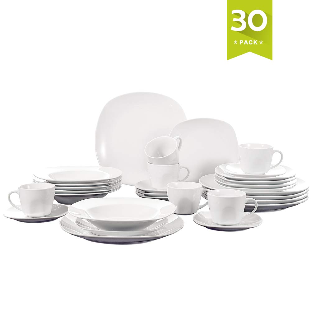 Malacasa ELISA-30 Stoneware Serving Dinner Soup Dessert Plates Cups 30-Piece Porcelain White Dinnerware Set for 6 Person, Elisa
