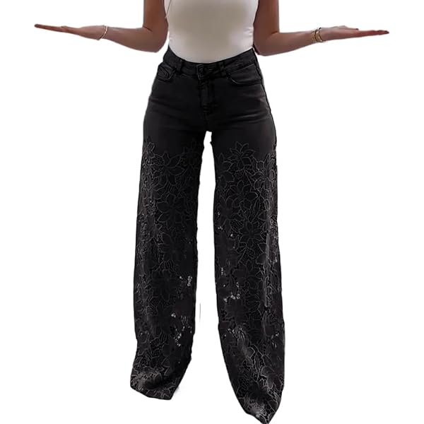 xxxiticat Women's Lace Denim Pants High Waisted Hollow Out