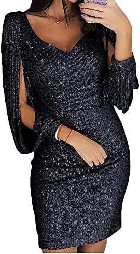 ORANDESIGNE Womens V Neck Long Tassel Sleeve Sequins Midi Dresses Cocktail Party Dress
