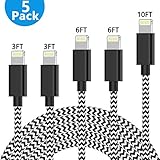 TNSO MFi Certified Phone Cable 5Pack 3FT 3FT 6FT 6FT 10FT Nylon Braided USB Charging & Syncing Cord Compatible with Phone Charger Xs max/X Phone 8 8 Plus 7 7 Plus 6s 6s Plus 6 6 Plus (Black&White)