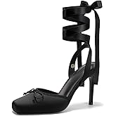 Coutgo Womens Ballet High Heels Satin Closed Square Toe Ballerina Heels Lace Up Bow Pumps Prom Shoes