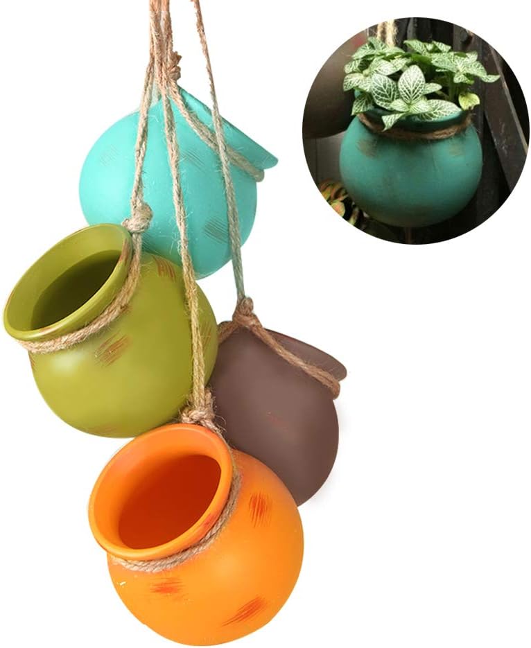 4Pcs Hanging Succulent Pots，Multicolor Ceramic Planters | Wall or Ceiling Mount Hanging Pots with Jute Rope for Succulent Plants, Air Plants, Faux Plants