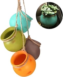 4Pcs Hanging Succulent Pots，Multicolor Ceramic Planters | Wall or Ceiling Mount Hanging Pots with Jute Rope for Succulent Plants, Air Plants, Faux Plants