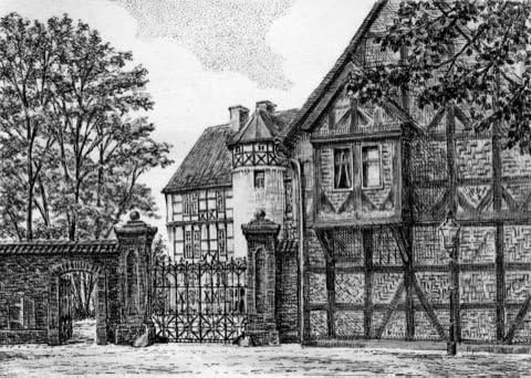Single-colored hand-crafted etching Salzwedel, Propstei (Germany) by Sommer as plain page, graphics, art design, art print