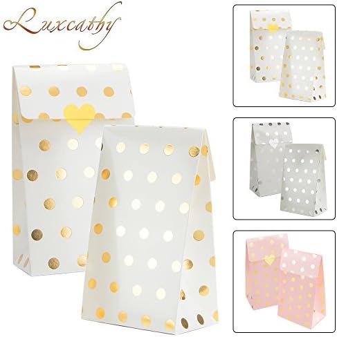 Luxcathy 12 Counts 6.2 by 3.7 Inches Polkadot Party Gift Wrap Bag with Heart Sticker (White with Gold Dot)