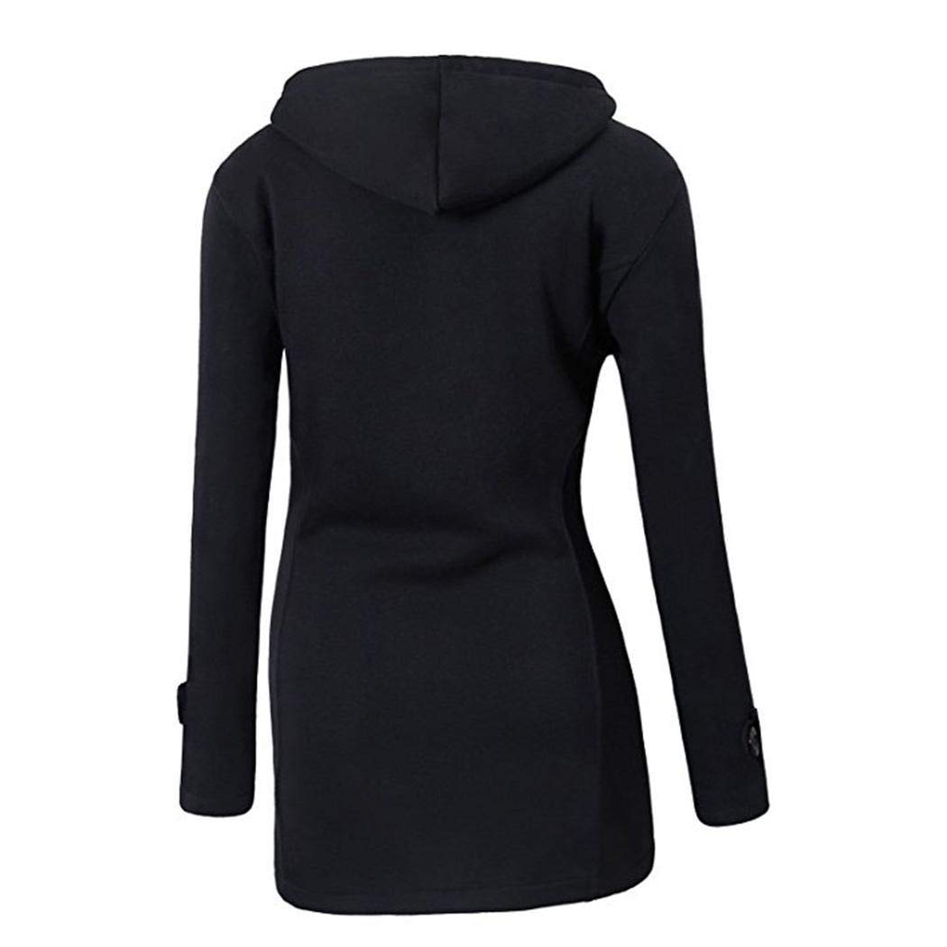 FastDirect Women Outdoor Hooded Horn Leather Buckle Solid Coat Outwear Coats Black