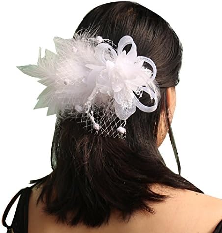 Women's Flower Feather Fascinator Hair Clip Brooch (White)