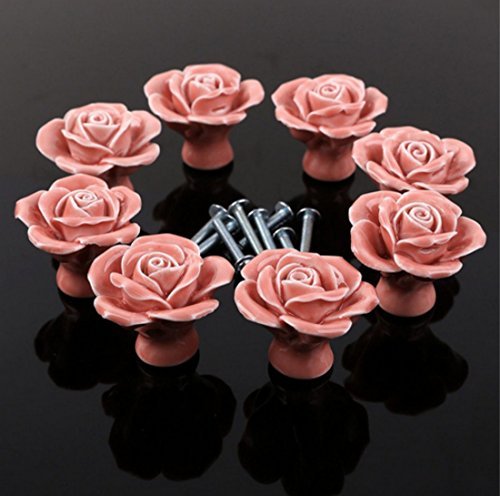 WICOO 10PCS Pink Flower Ceramic Cabinet Hardware For Chest Of Drawers Door Knobs,decorative Rose Porcelain handles for furniture