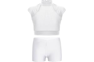 JanJean Kids Girls 2 Piece Ballet Dance Outfits Shiny Top with Booty Shorts Gymnastics Leotard Dance Tracksuit