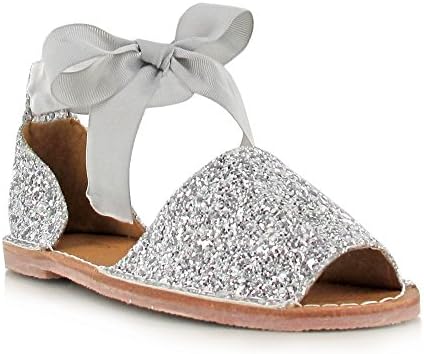 Chockers Shoes® Womens Ladies Girls Glitter Nubuck Diamante Open Toe Bow Detail Ankle Tie Flat Sandals