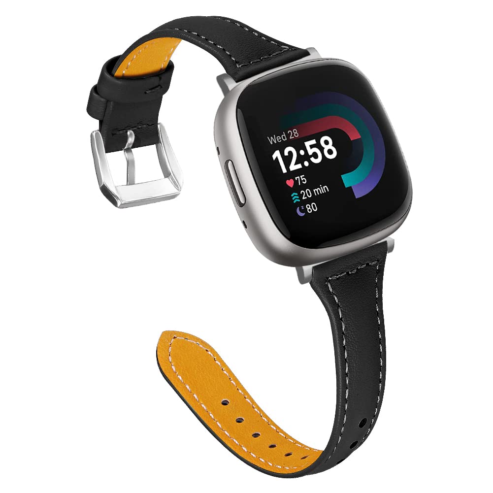 TenCloud Straps Compatible with Fitbit Versa 4/Sense 2 Strap, Replacement Slim Leather Wrist Band Bracelet for Sense2/Versa 4 Smartwatch (Black)
