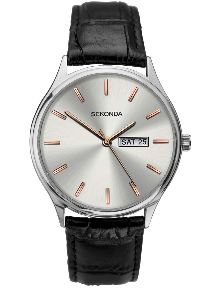 Sekonda Black Leather Silver and Rose-Gold Dial Strap Watch 1686