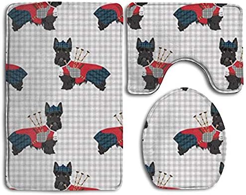 FunnyToiletLidCoverBB Scottie Dog with Bagpipes 3 Piece Bath Mat Set Toilet Rug Bathroom Contour Mat Non-Slip Washable Rubber Backing