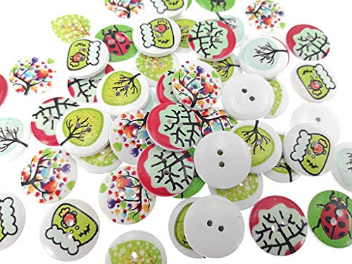 Kinteshun Wooden Buttons Round Natural Wood 2-Holed Fastener Buttons for Sewing Knitting Handcraft(100pcs,Off-White,Assorted Floral Patterns)