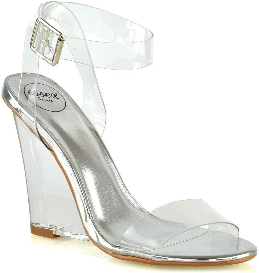 Womens High Heels Wedge Sandals Perspex Clear Ankle Strap Prom Dressy Party Clubbing Shoes Size 3-8